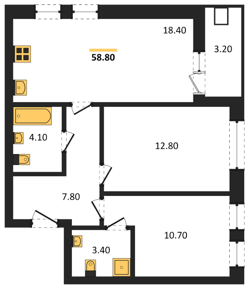 Планировка: 2-комн., 58,8 м²