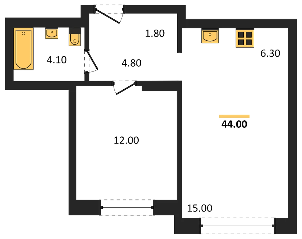 Планировка: 1-комн., 44 м²