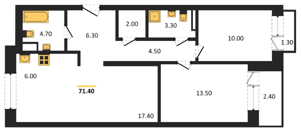 Планировка: 2-комн., 71,4 м²