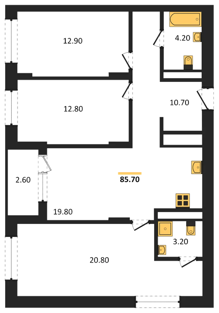 Планировка: 3-комн., 85,7 м²