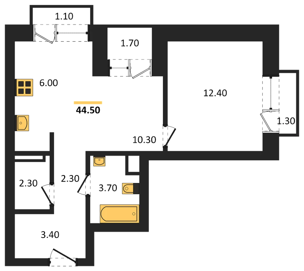Планировка: 1-комн., 44,5 м²