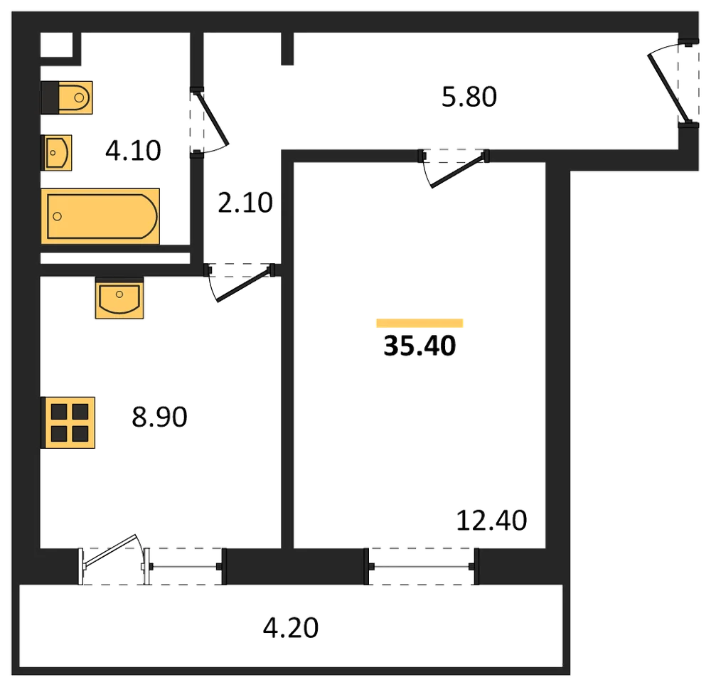 Планировка: 1-комн., 35,4 м²