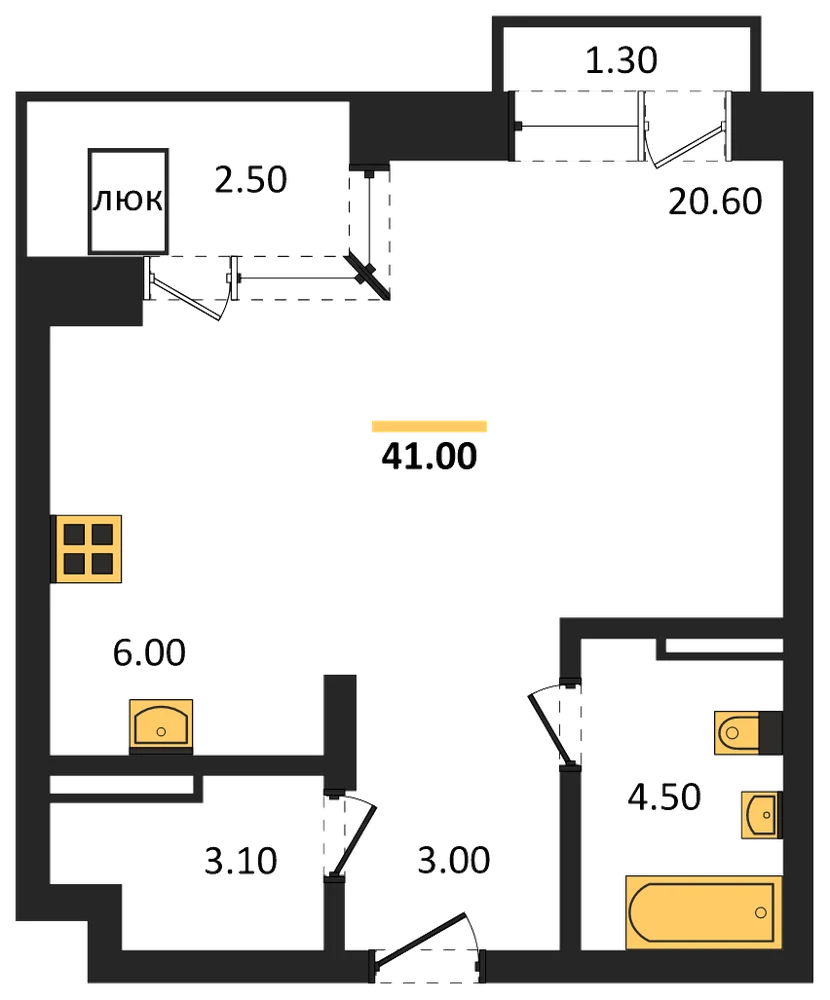 Планировка: Студия, 41 м²