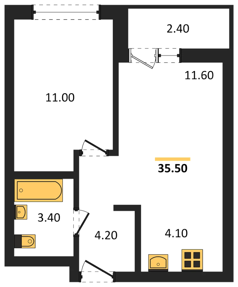 Планировка: 1-комн., 35,5 м²