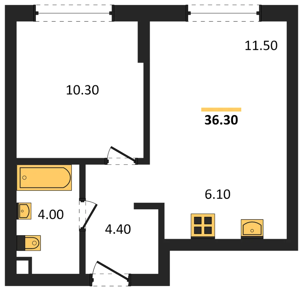 Планировка: 1-комн., 36,3 м²