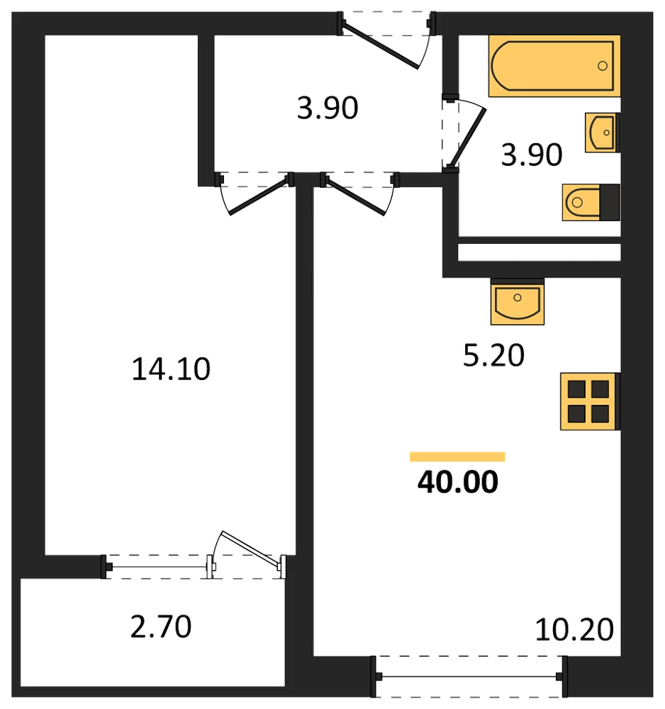 Планировка: 1-комн., 40 м²