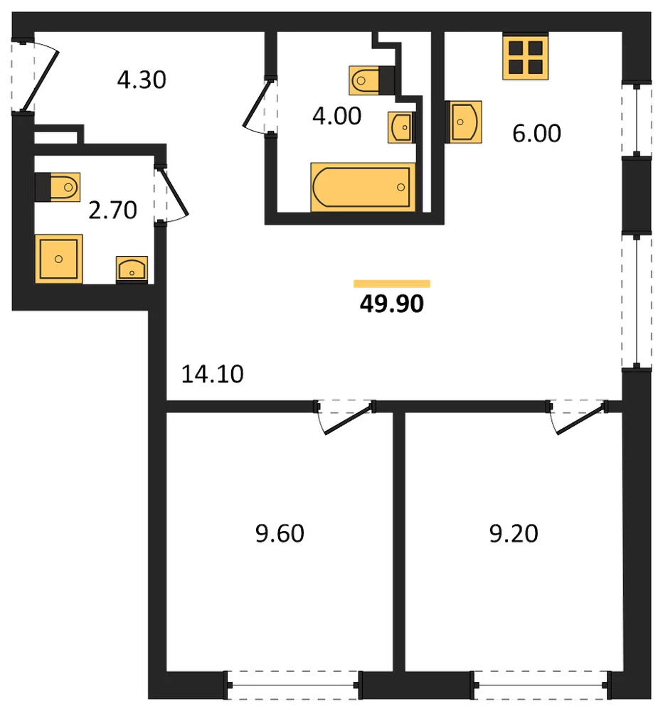 Планировка: 2-комн., 49,9 м²