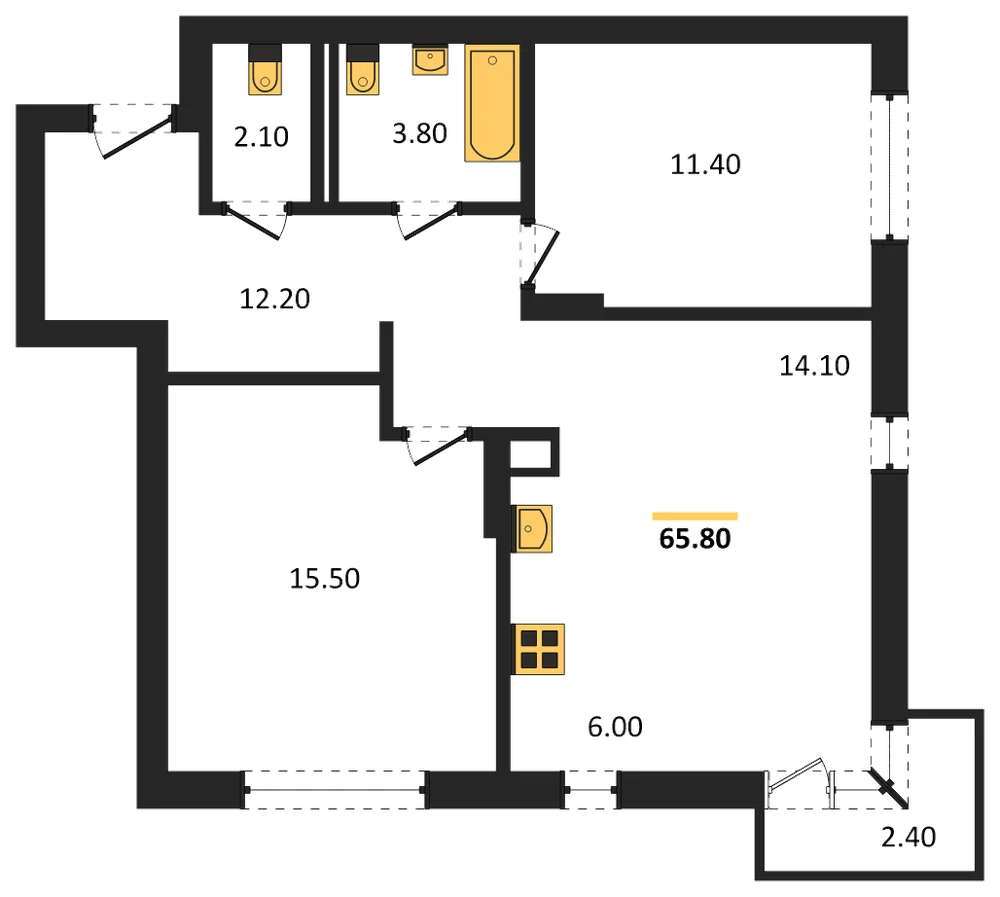 Планировка: 2-комн., 65,8 м²