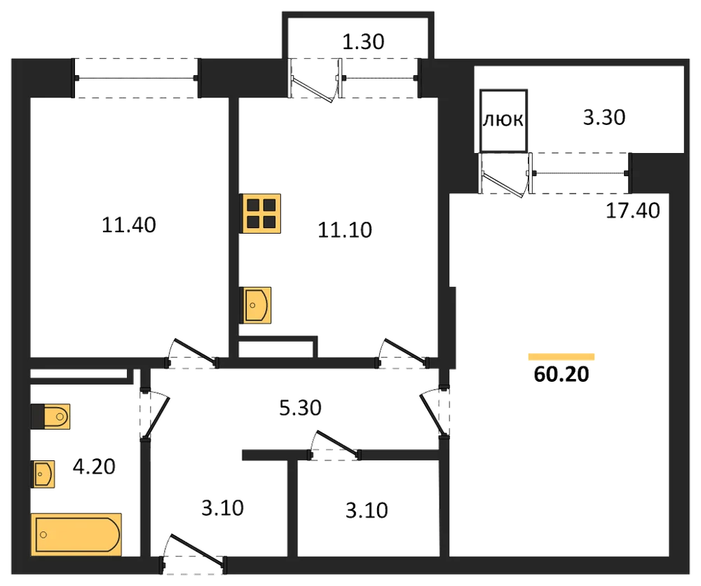 Планировка: 2-комн., 60,2 м²
