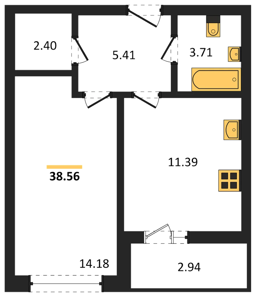 Планировка: 1-комн., 38,6 м²