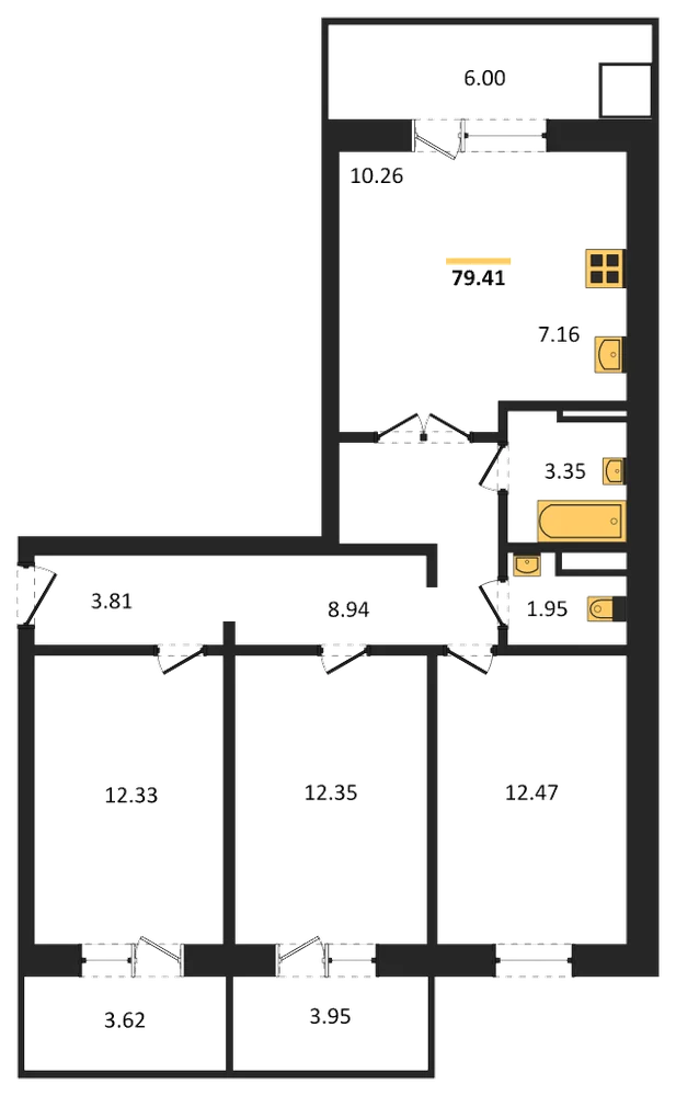 Планировка: 3-комн., 79,4 м²