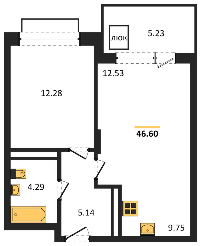 Планировка: 1-комн., 46,6 м²
