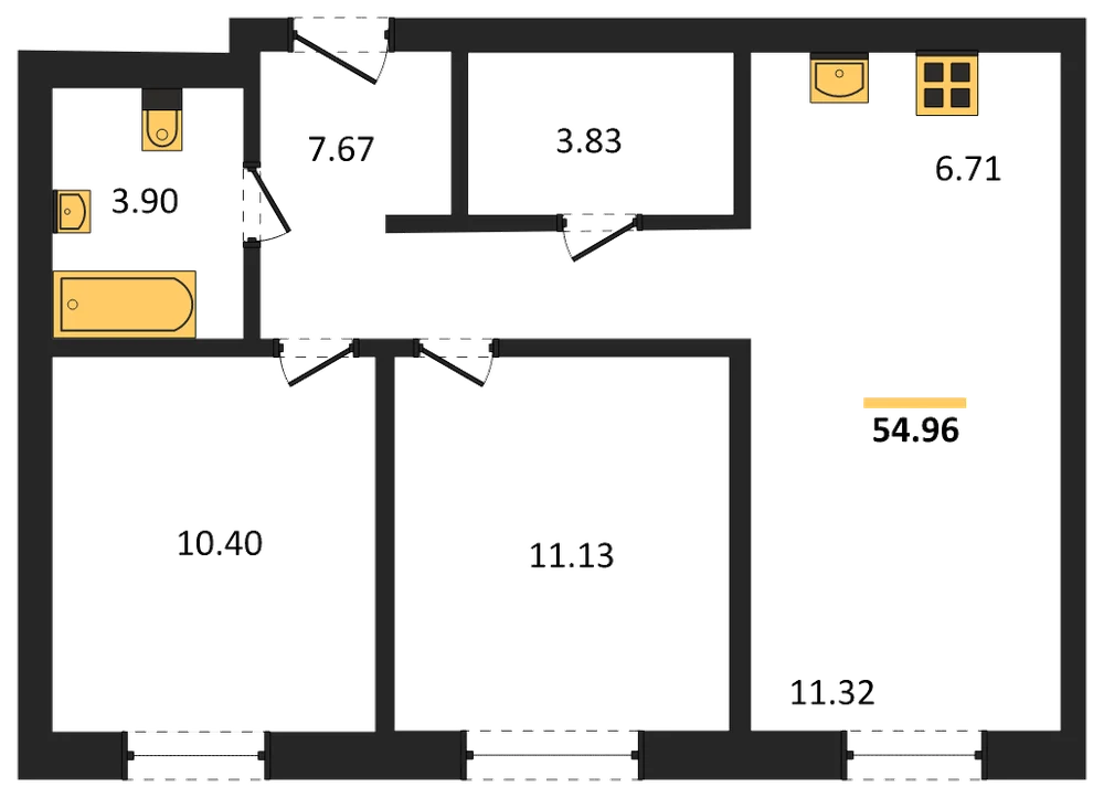 Планировка: 3-комн., 54,6 м²