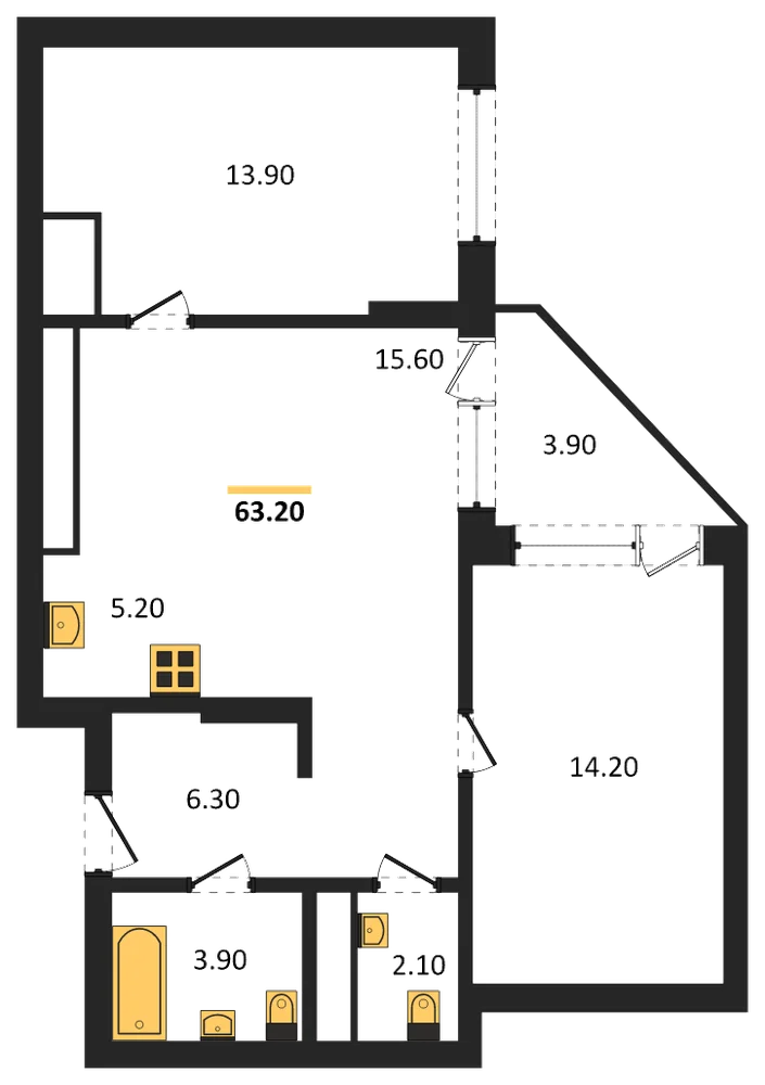 Планировка: 2-комн., 63,2 м²