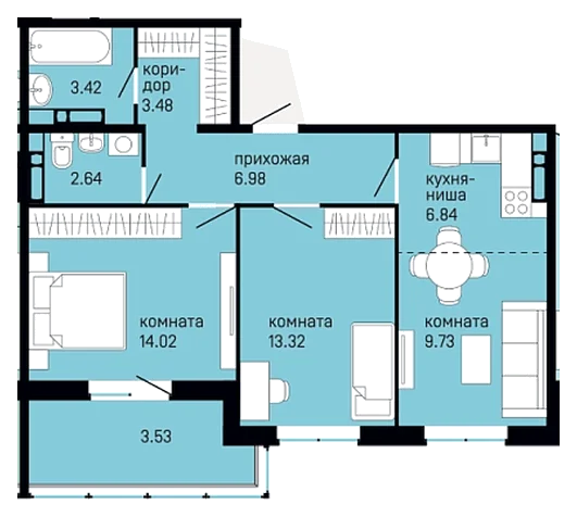 Планировка: 2-комн., 64 м²