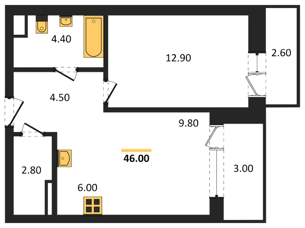 Планировка: 1-комн., 46 м²