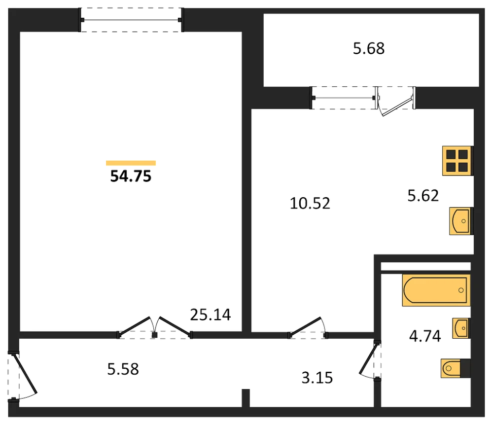 Планировка: 1-комн., 54,6 м²