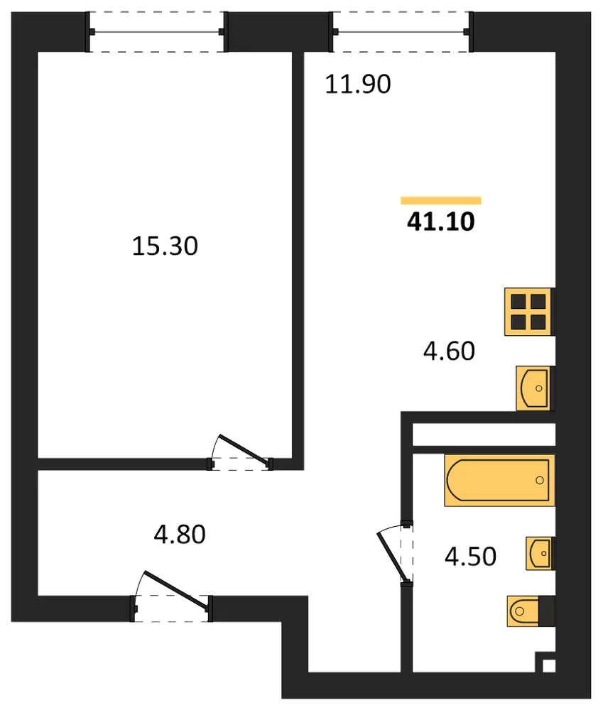 Планировка: 1-комн., 41,1 м²