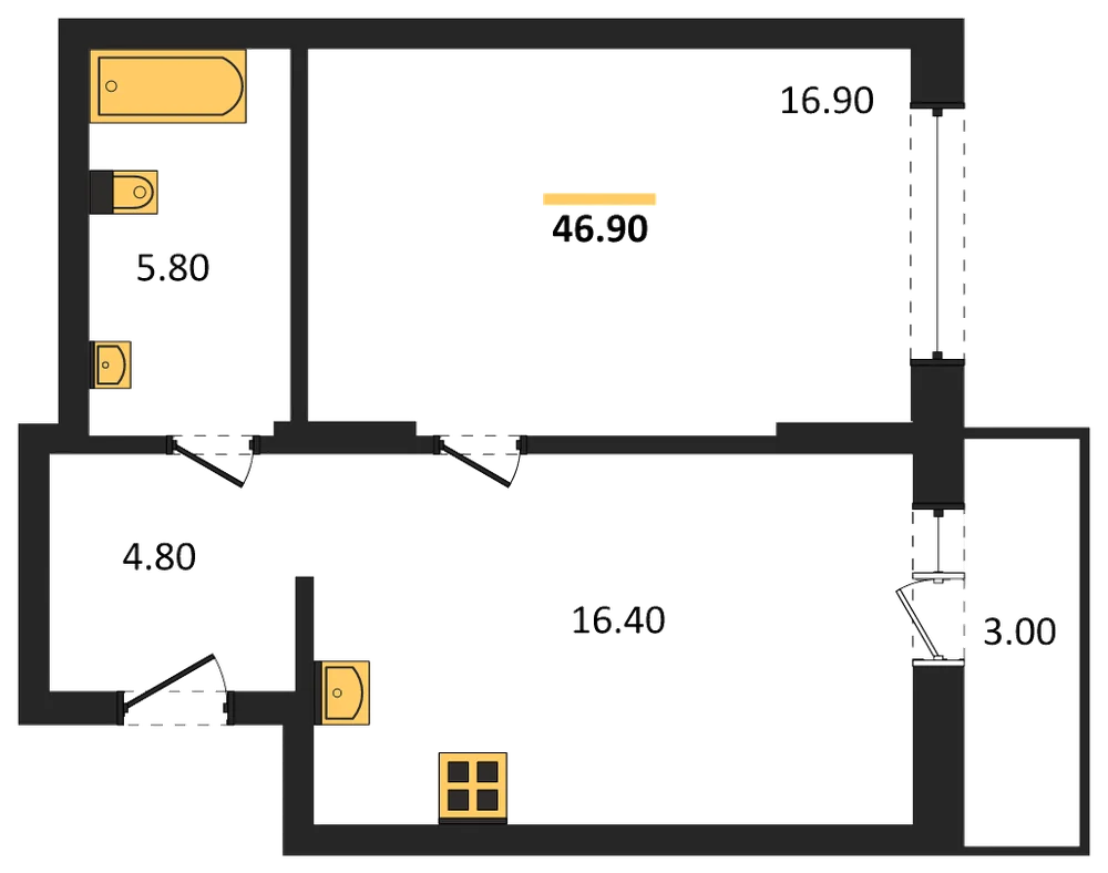 Планировка: 1-комн., 46,9 м²