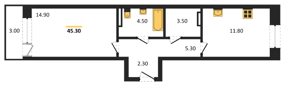 Планировка: 1-комн., 45,3 м²