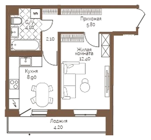 Планировка: 1-комн., 35,4 м²