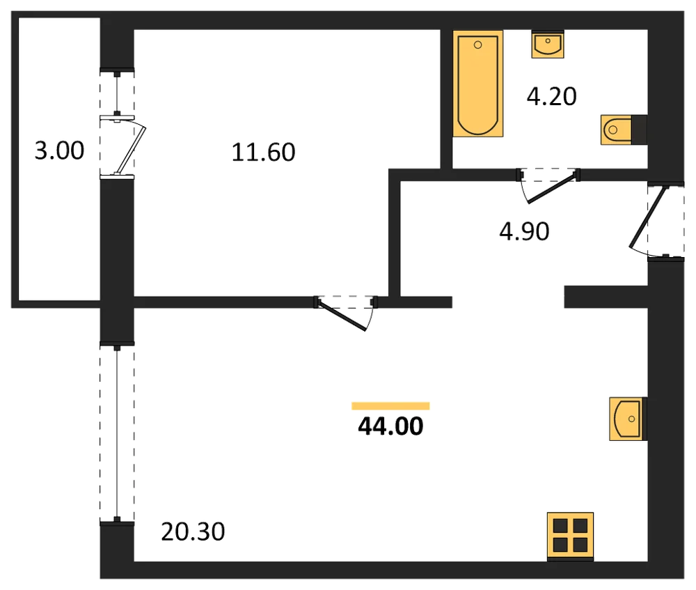 Планировка: 1-комн., 44 м²