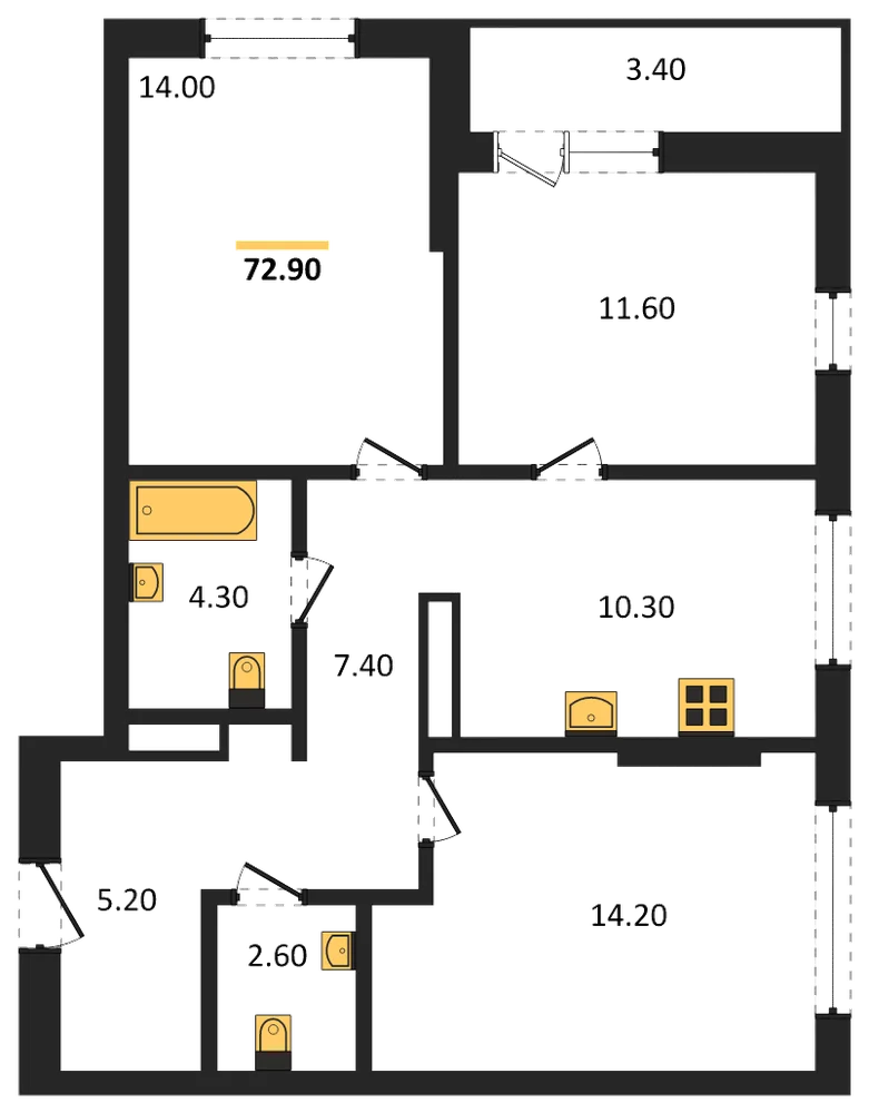 Планировка: 3-комн., 72,8 м²