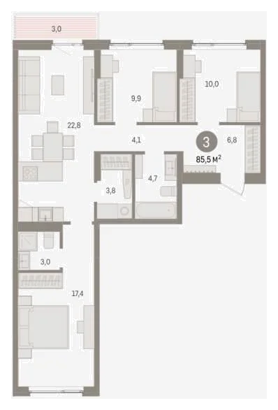Планировка: 3-комн., 85,5 м²