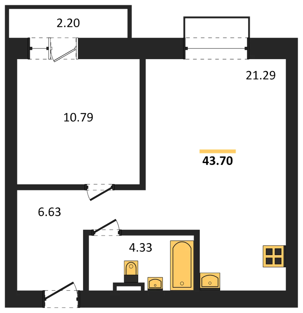 Планировка: 1-комн., 43,7 м²