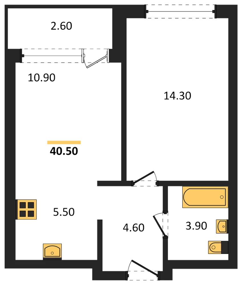 Планировка: 1-комн., 40,5 м²