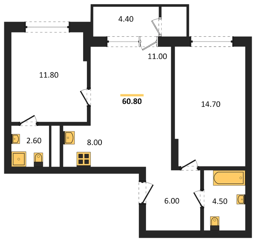 Планировка: 2-комн., 60,8 м²