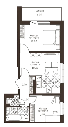 Планировка: 2-комн., 48,2 м²