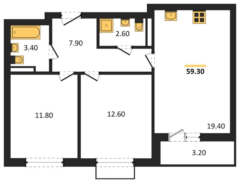 Планировка: 2-комн., 59,3 м²