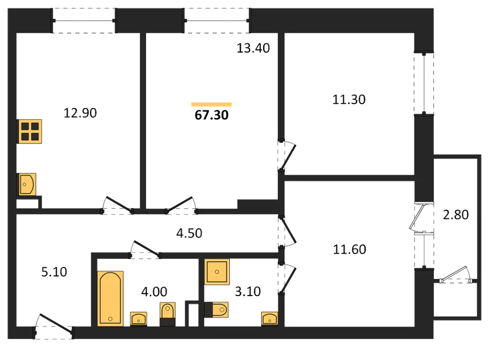 Планировка: 3-комн., 66,5 м²