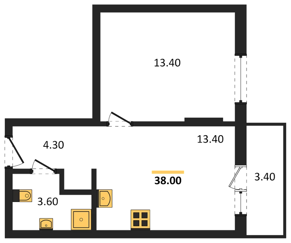 Планировка: 1-комн., 38 м²