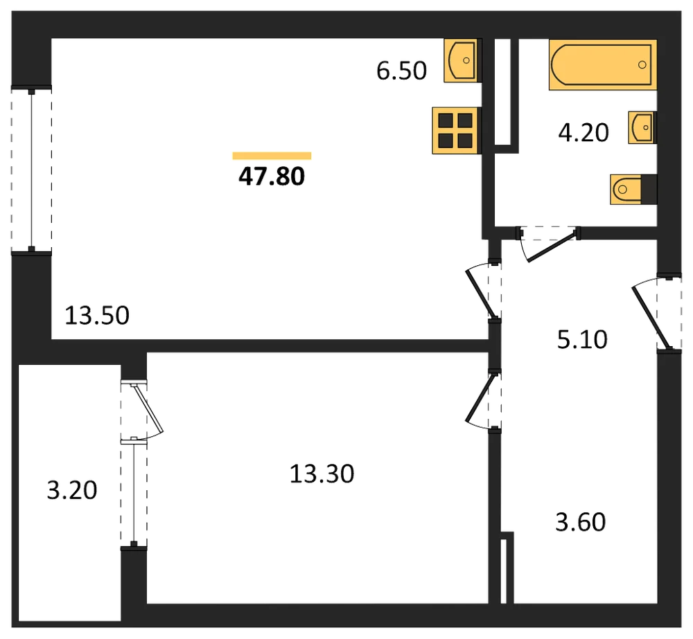 Планировка: 1-комн., 47,8 м²