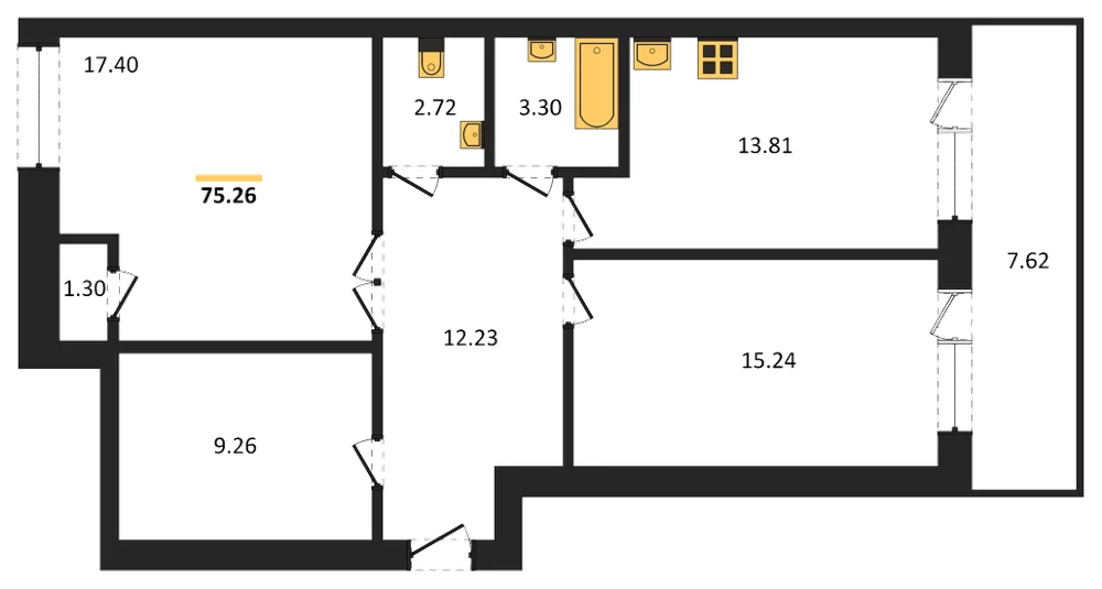 Планировка: 2-комн., 75,1 м²