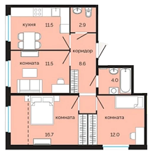 Планировка: 3-комн., 67,2 м²