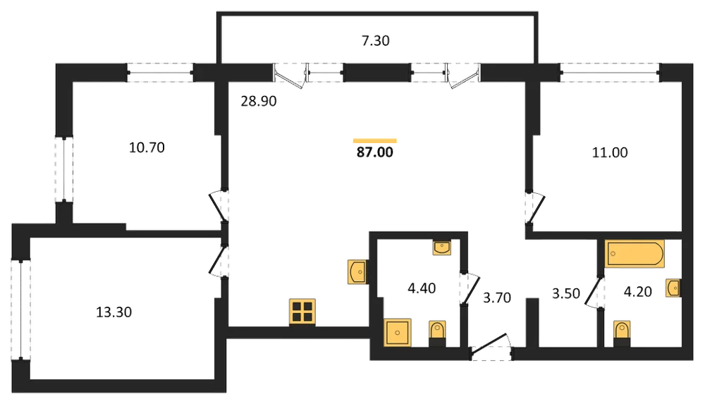 Планировка: 3-комн., 87 м²