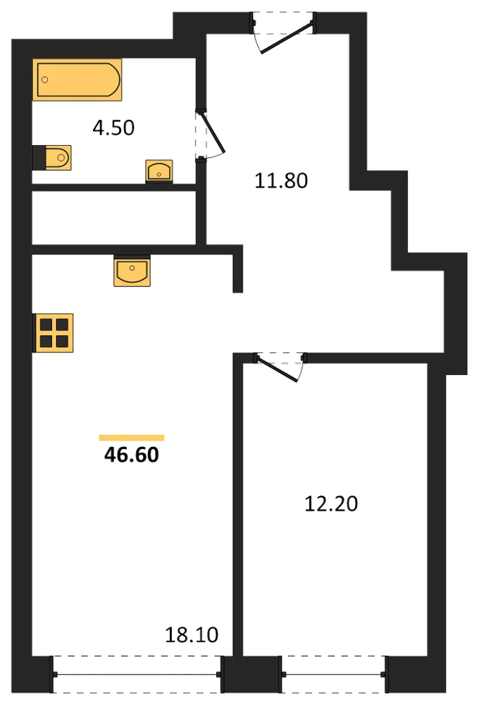 Планировка: 1-комн., 46,6 м²