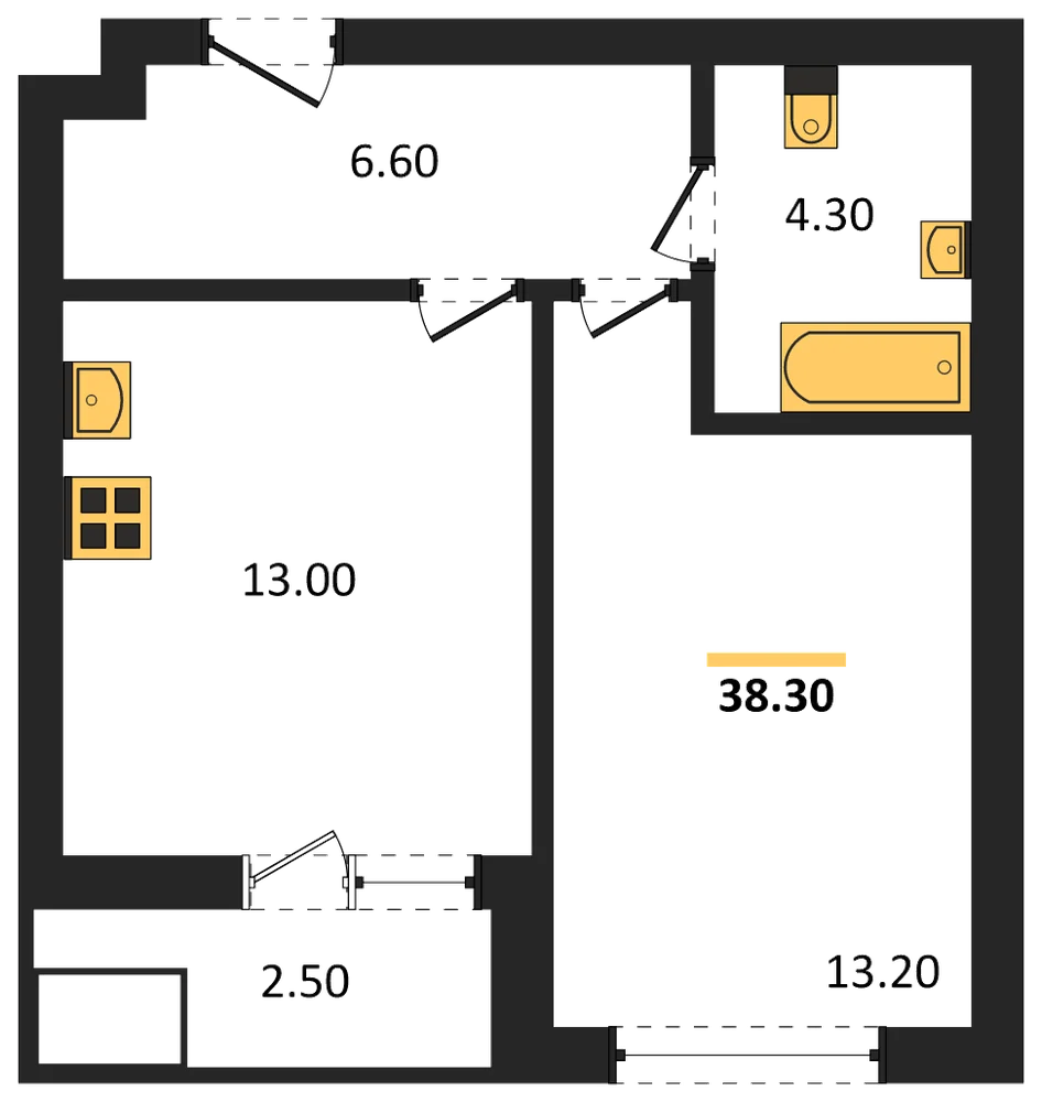 Планировка: 1-комн., 38,3 м²