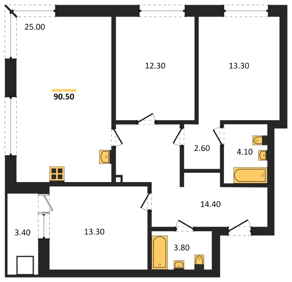 Планировка: 3-комн., 90,5 м²