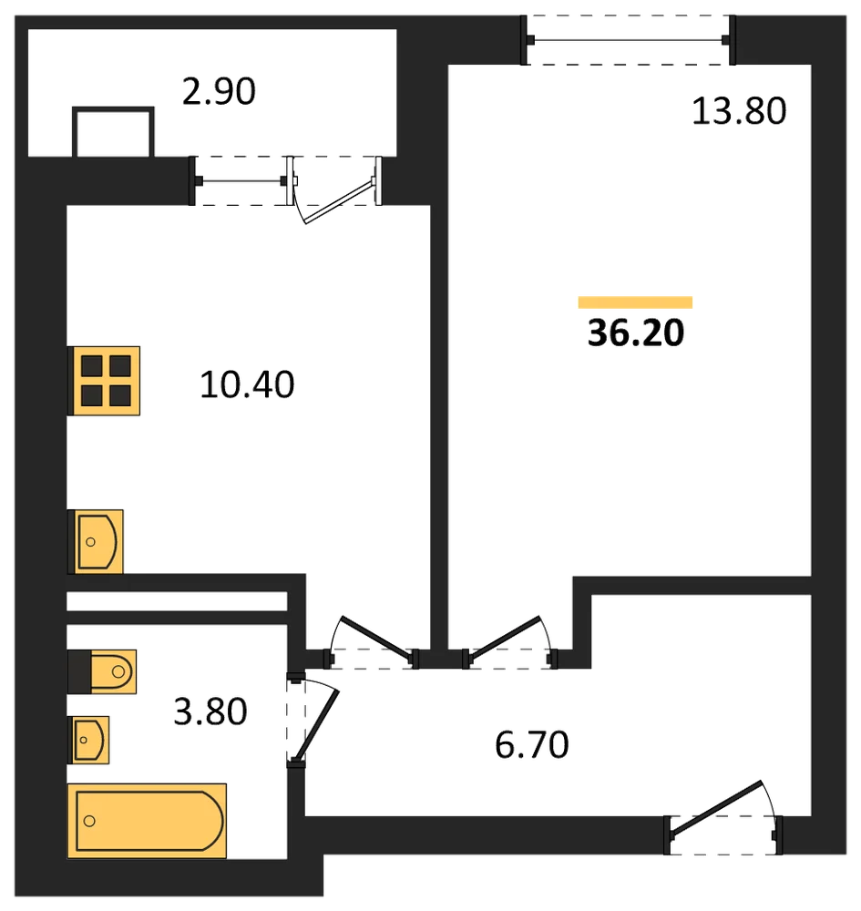 Планировка: 1-комн., 36,2 м²