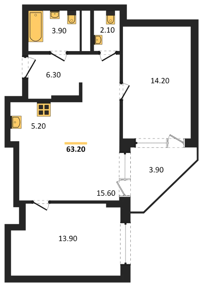 Планировка: 2-комн., 63,2 м²