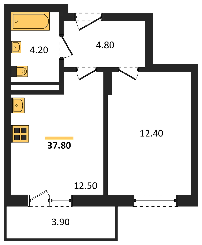Планировка: 1-комн., 37,8 м²