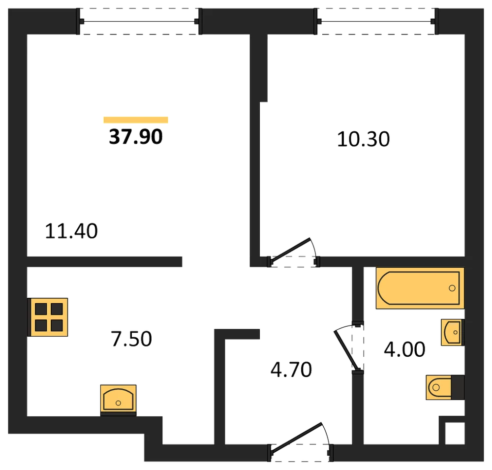 Планировка: 1-комн., 37,9 м²