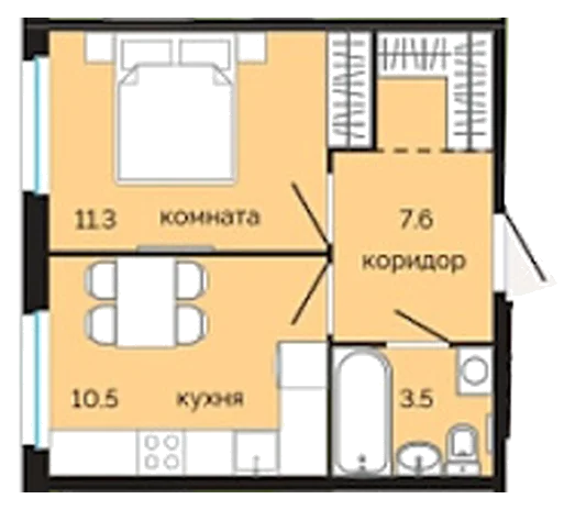 Планировка: 1-комн., 32,9 м²
