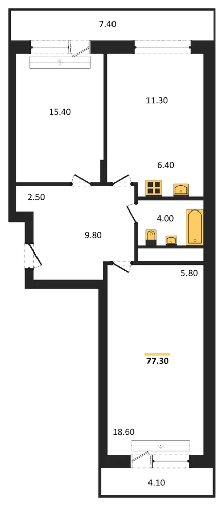 Планировка: 2-комн., 77,3 м²