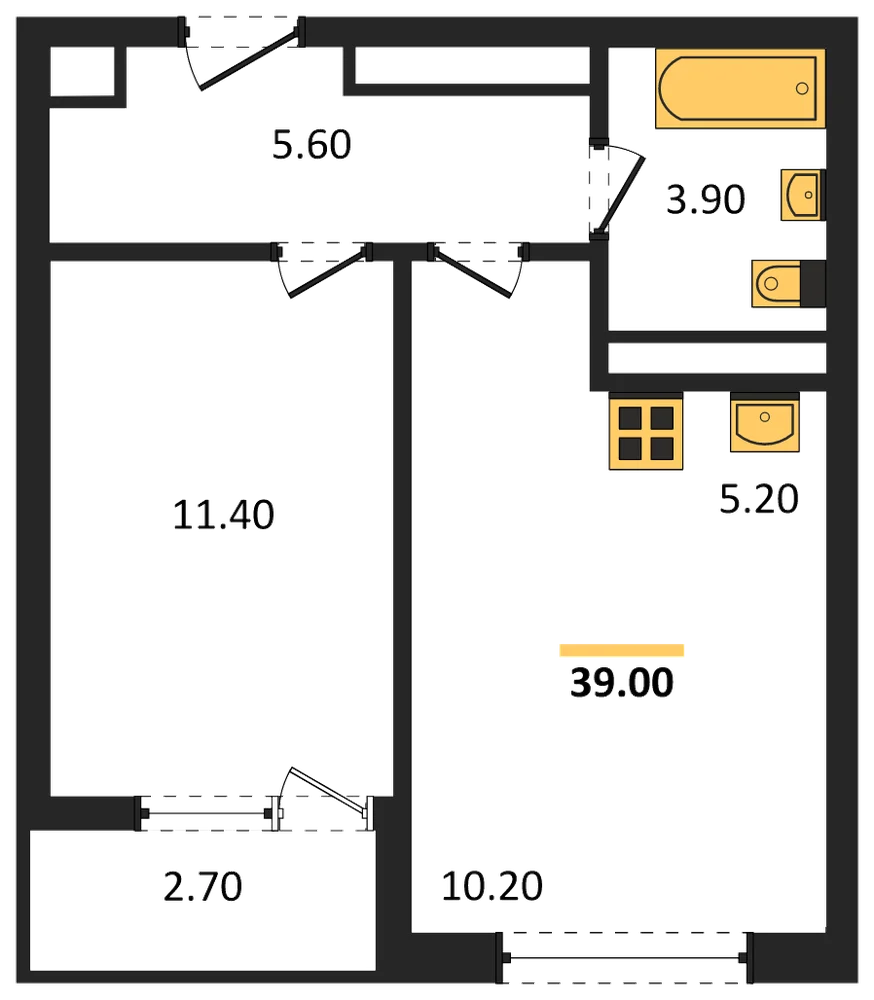Планировка: 1-комн., 39 м²