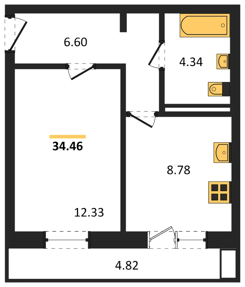 Планировка: 1-комн., 34,5 м²
